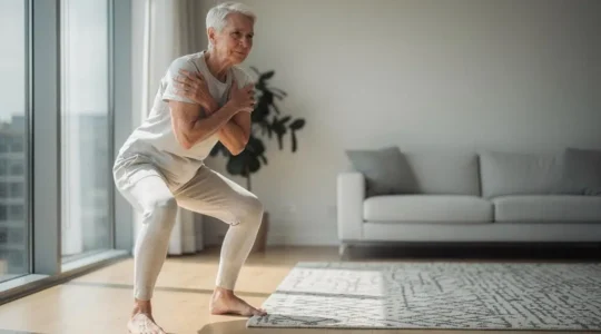 Personne senior en train de se relever du sol sans utiliser les mains, illustrant le test d'autonomie physique