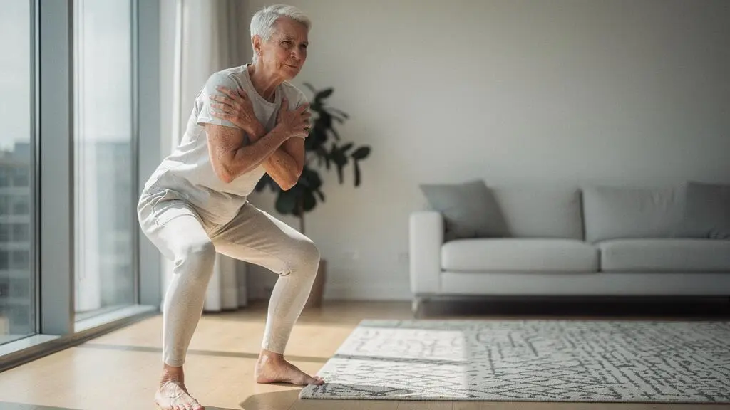 Personne senior en train de se relever du sol sans utiliser les mains, illustrant le test d'autonomie physique
