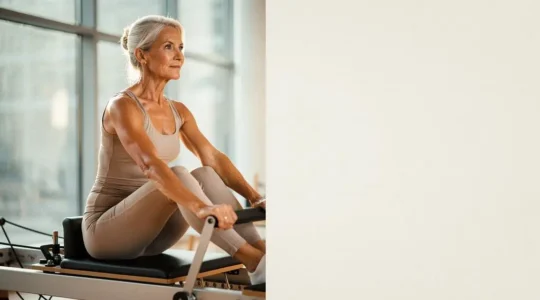 Femme de plus de 50 ans pratiquant le Pilates sur un reformer dans un studio lumineux, symbole de transformation physique à la ménopause