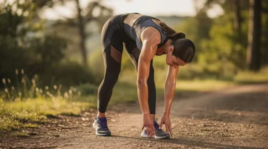 Coureur pratiquant une posture de yoga en plein air pour etirer les ischio-jambiers apres une sortie running