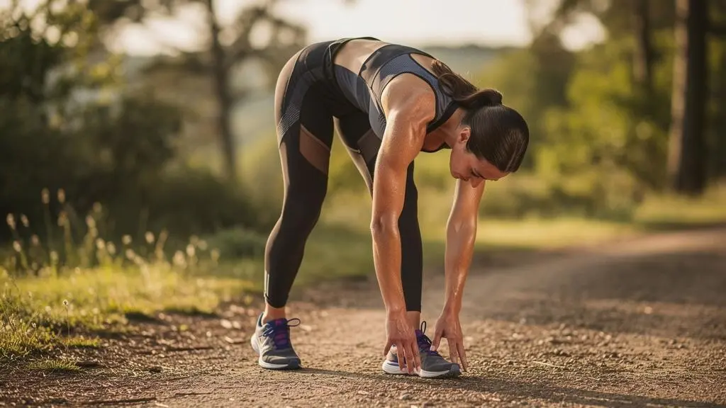 Coureur pratiquant une posture de yoga en plein air pour etirer les ischio-jambiers apres une sortie running